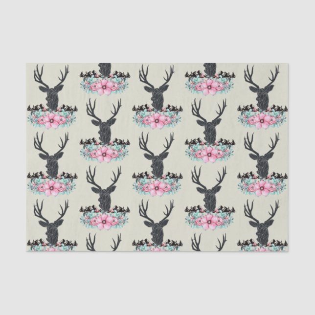 Deer Head w/ Flowers & Mountains Pattern Tissue Paper (Front)