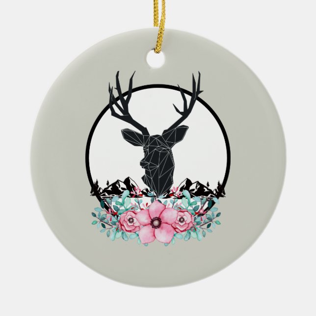 Deer Head w/ Flowers & Mountains Wedding Ceramic Ornament (Front)
