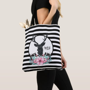 Deer Head w/ Pink Flowers Mountains & Monogram Tote Bag
