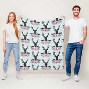 Deer Head w/ Pink Flowers & Mountains Pattern Fleece Blanket