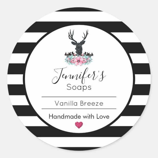 Deer Head w/ Pink Flowers & Mountains Soap/Candle Classic Round Sticker (Front)