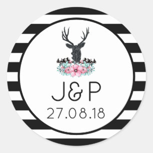 Deer Head w/ Pink Flowers & Mountains Wedding Classic Round Sticker