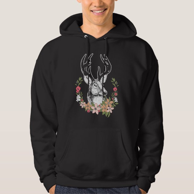 Deer Head With Antlers And Flowers Deer Costume Hoodie (Front)