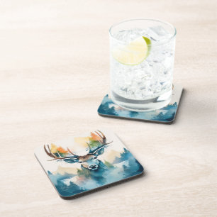 Deer head with antlers and forest trees coaster