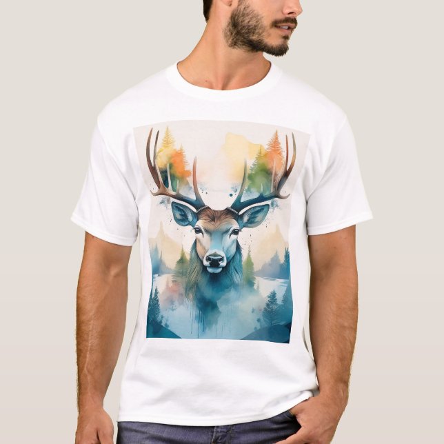 Deer head with antlers and forest trees T-Shirt (Front)