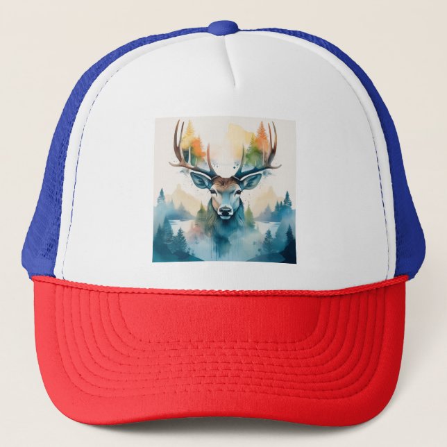 Deer head with antlers and forest trees trucker hat (Front)
