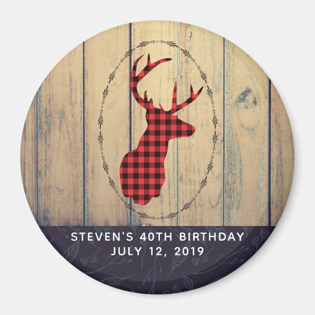 Deer Head with Antlers on Faux Wood Birthday Magnet (Front)