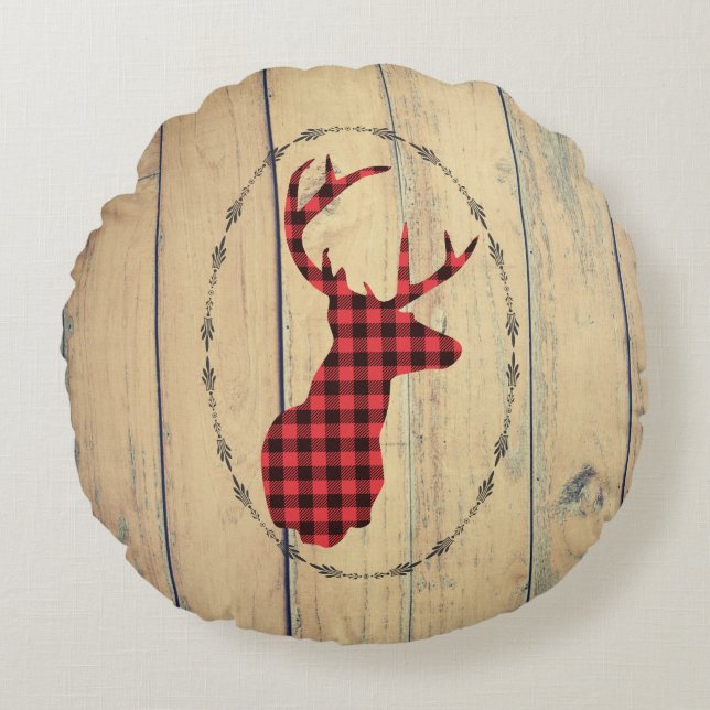 Deer head with Antlers on Faux Wood Round Cushion (Front)