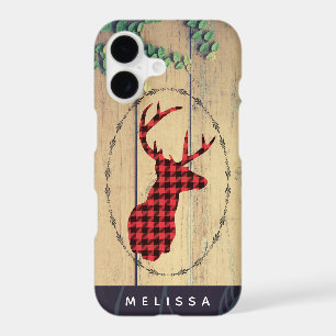 Deer Head with Antlers on Wood Planks with Leave