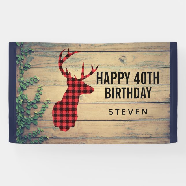 Deer Head with Antlers on Wood Planks with Leaves Banner (Horizontal)