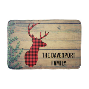 Deer Head with Antlers on Wood Planks with Leaves Bath Mat