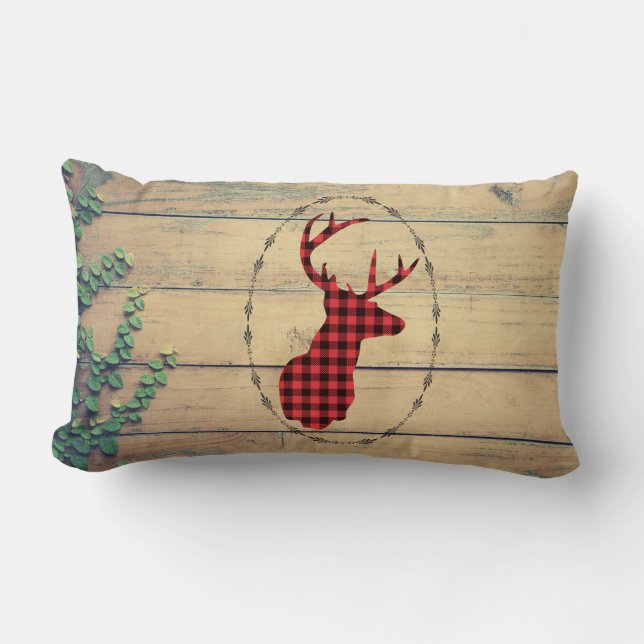 Deer head with Antlers  on Wood Planks with Leaves Lumbar Cushion (Front)