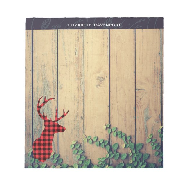 Deer Head with Antlers on Wood Planks with Leaves Notepad (Front)