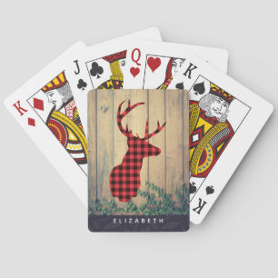 Deer Head with Antlers on Wood Planks with Leaves Playing Cards