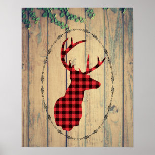 Deer Head with Antlers on Wood Planks with Leaves Poster