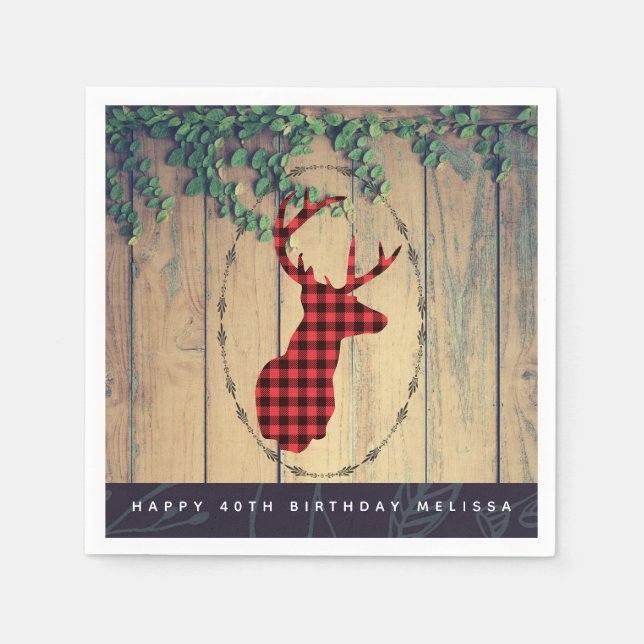 Deer head with Antlers - Red Plaid Rustic Birthday Napkin (Front)