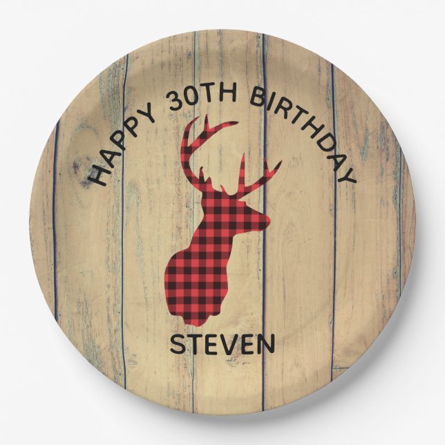 Deer head with Antlers - Red Plaid Rustic Birthday Paper Plate (Front)