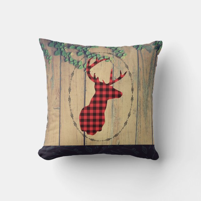 Deer head with Antlers - Red Plaid Rustic Cushion (Front)