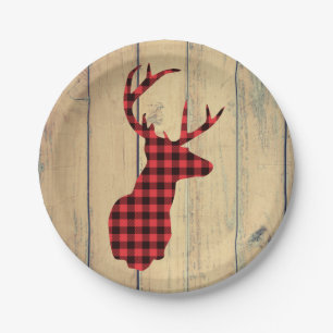 Deer head with Antlers - Red Plaid Rustic Paper Plate