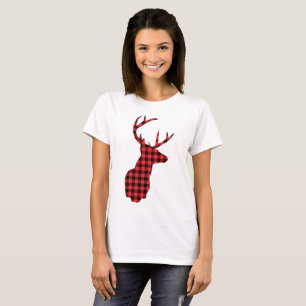 Deer Head with Antlers - Red Plaid Rustic T-Shirt