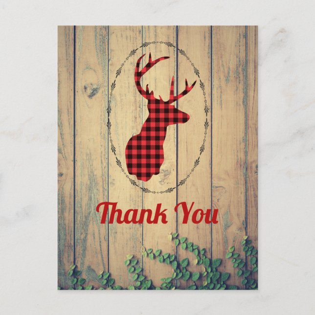 Deer head with Antlers Red Plaid Rustic Thank You Postcard (Front)
