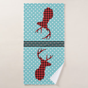 Deer Head with Antlers - Rustic Red Plaid Bath Towel Set