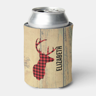 Deer Head with Antlers - Rustic Red Plaid Can Cooler