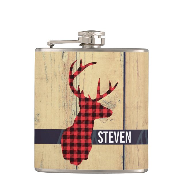 Deer Head with Antlers - Rustic Red Plaid Hip Flask (Front)