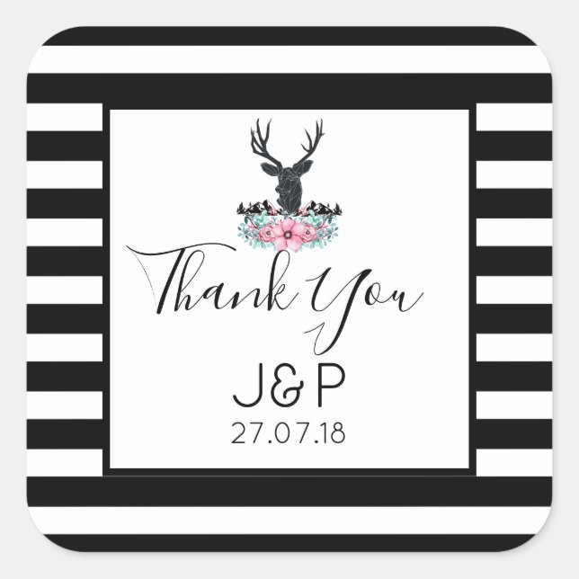Deer Head with Flowers & Mountains Wedding Thanks Square Sticker (Front)