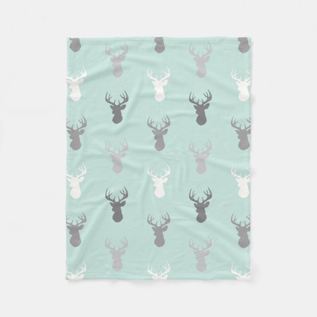 Deer Heads in Mint and Grey Fleece Blanket (Front)