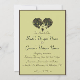 Deer Heart Brown and Green Camo Wedding Invitation