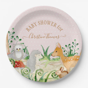 Deer Hedgehog Woodland Creatures Baby Girl Shower Paper Plate