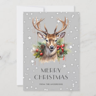 Deer Holly Stars Snowflakes Merry Christmas Card