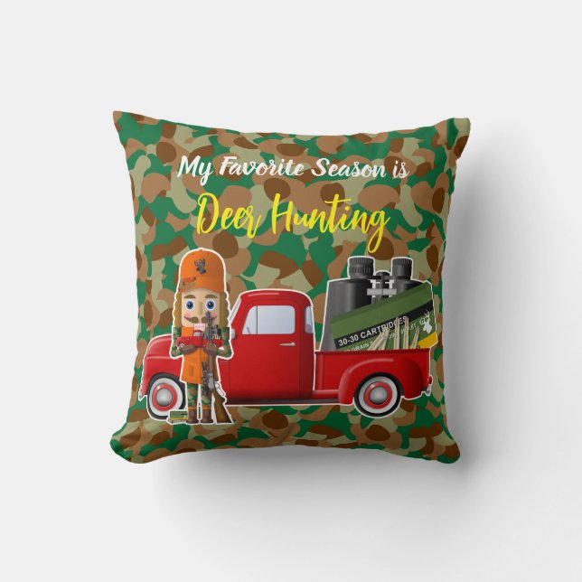 Deer Hunter Nutcracker with Little Red Truck Cushion (Front)