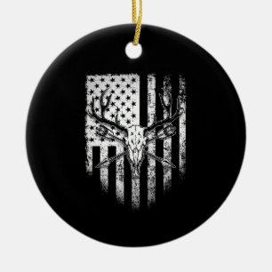 Deer Hunters Deer Skull on American Flag Ceramic Ornament