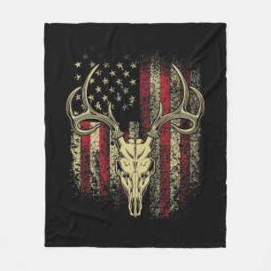 Deer Hunters Deer Skull on American Flag Fleece Blanket