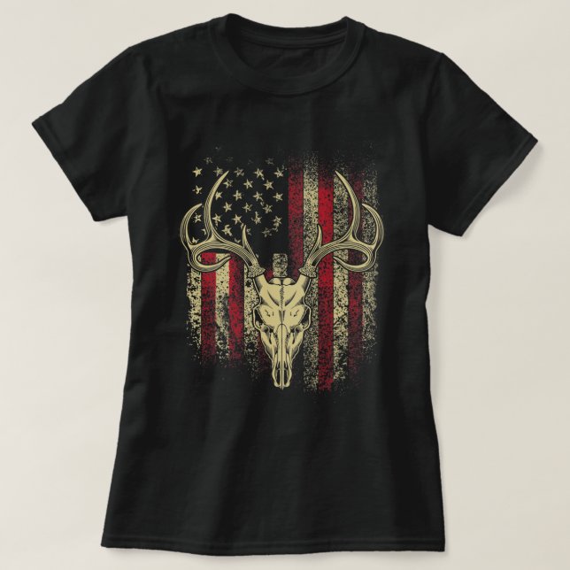Deer Hunters Deer Skull on American Flag  T-Shirt (Design Front)