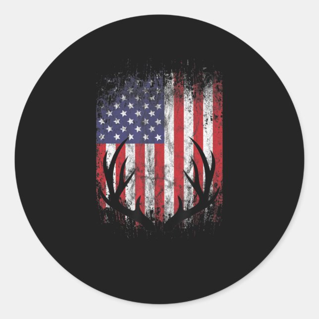 Deer Hunting American Flag Whitetail Buck Antlers  Classic Round Sticker (Front)