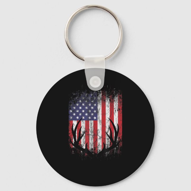 Deer Hunting American Flag Whitetail Buck Antlers  Key Ring (Front)