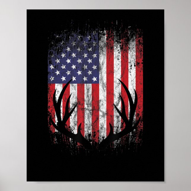 Deer Hunting American Flag Whitetail Buck Antlers  Poster (Front)