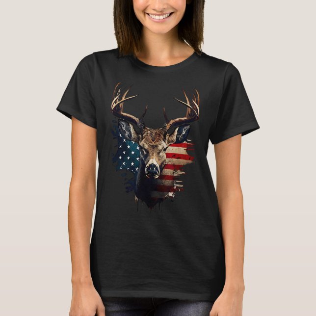 Deer Hunting American Flag Whitetail Buck Antlers  T-Shirt (Front)