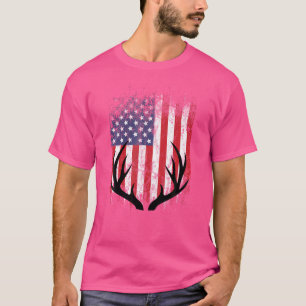 Deer Hunting American Flag Whitetail Buck Antlers T-Shirt