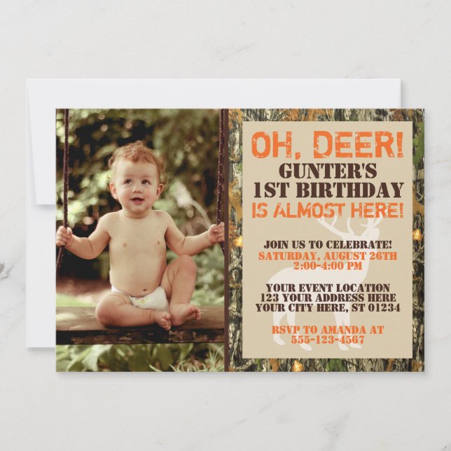 Deer Hunting Birthday Invitation with Photo - Camo (Front)
