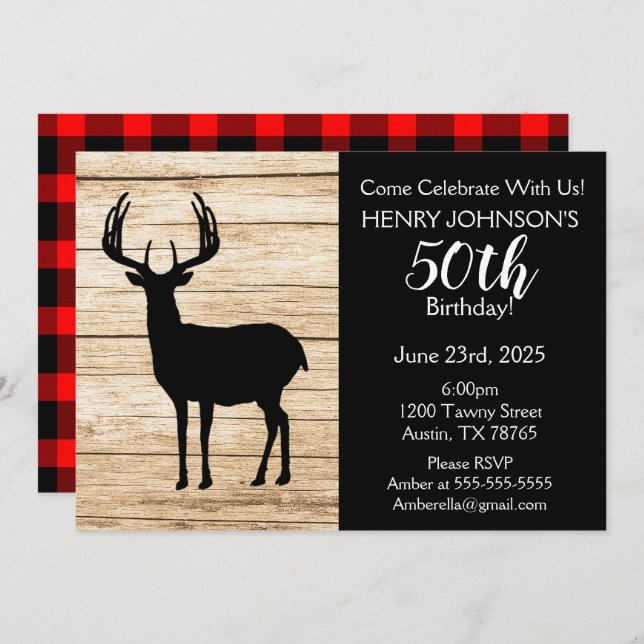 Deer Hunting Buffalo Plaid Themed 50th Birthday Invitation (Front/Back)