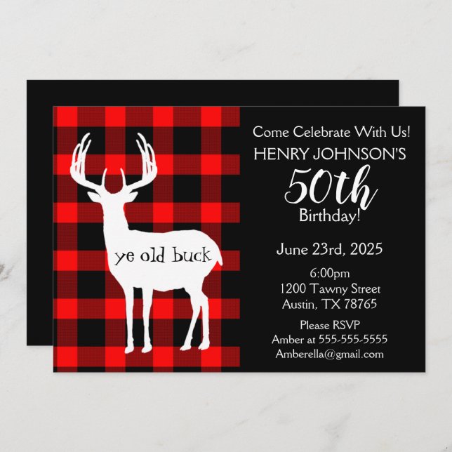 Deer Hunting Buffalo Plaid Themed 50th Birthday Invitation (Front/Back)