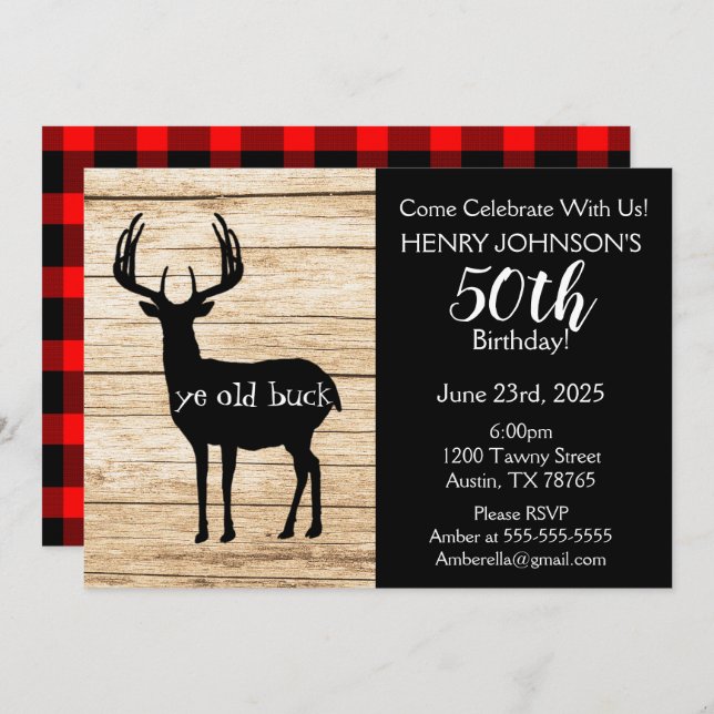 Deer Hunting Buffalo Plaid Themed 50th Birthday Invitation (Front/Back)