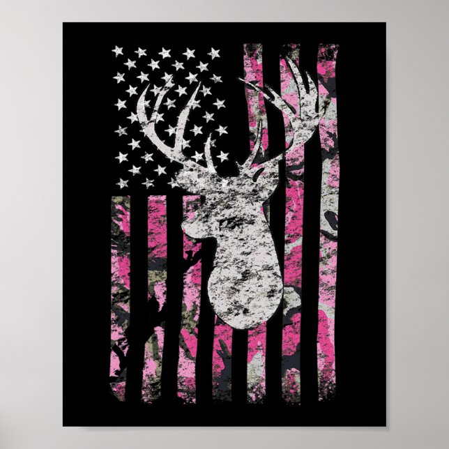 Deer Hunting Camo American Flag Pink Buck  Poster (Front)