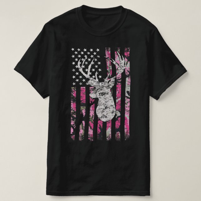 Deer Hunting Camo American Flag Pink Buck T-Shirt (Design Front)