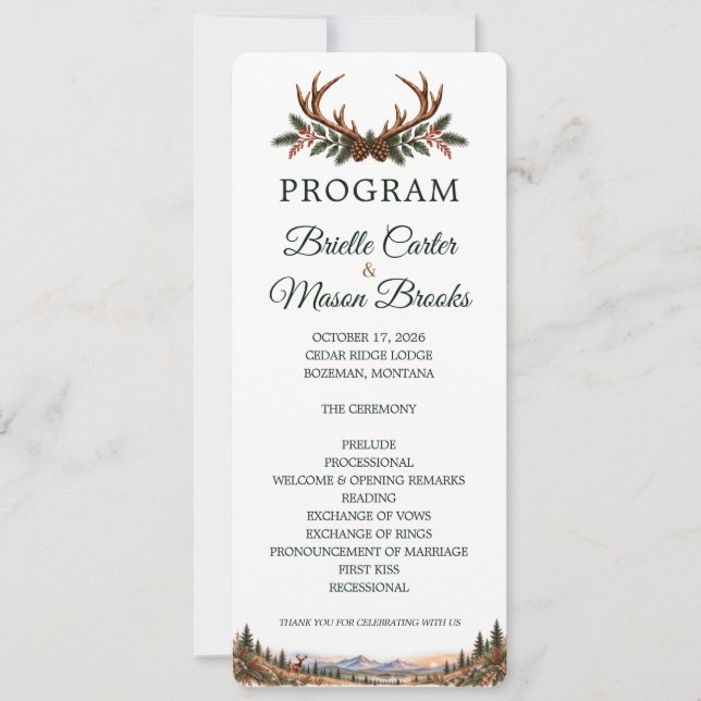Deer Hunting Camo Mountain Wedding Program (Front)