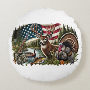 Deer Hunting Duck Fishing USA Flag Round Cushion